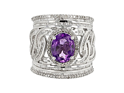 2.78CT OVAL AFRICAN AMETHYST WITH 1.51CTW ROUND & TAPERED BAGUETTE DIAMOND RHODIUM OVER SILVER RING - Size 6