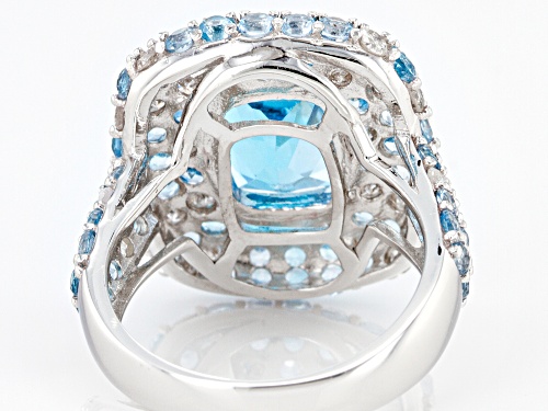 5.47ctw Rectangular Cushion & Round Swiss Blue Topaz, .88ctw Diamond Rhodium Over Silver Ring - Size 8