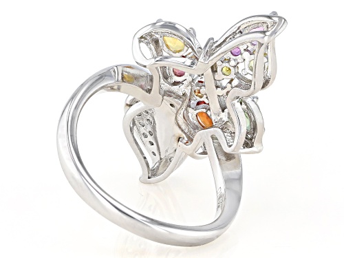 1.04ctw Multi-Sapphire With 0.07ctw Lab White Sapphire Rhodium Over Silver Butterfly/Leaf Ring - Size 7