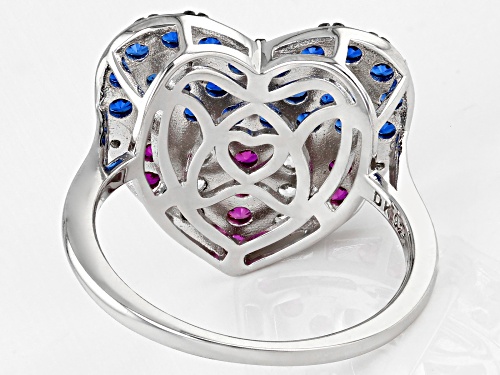 1.41ctw Lab Blue Spinel With Lab Ruby & Lab White Sapphire Rhodium Over Silver Heart Ring - Size 7