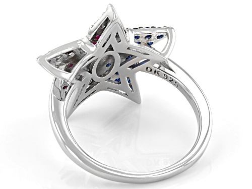 .37ctw Lab Blue Spinel, .12ctw Lab Ruby & .13ctw Lab White Sapphire Rhodium Over Silver Star Ring - Size 8
