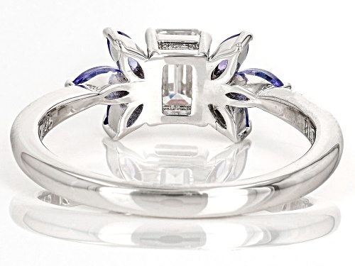 MOISSANITE FIRE® .58CT DEW EMERALD CUT & MARQUISE TANZANITE PLATINEVE® RING - Size 9