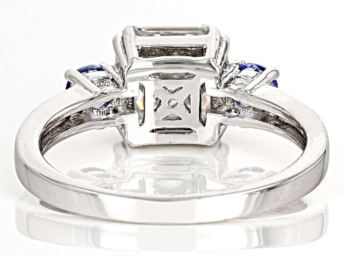 MOISSANITE FIRE® 3.00CTW DEW ASSCHER CUT & ROUND WITH ROUND TANZANITE PLATINEVE® RING. - Size 8
