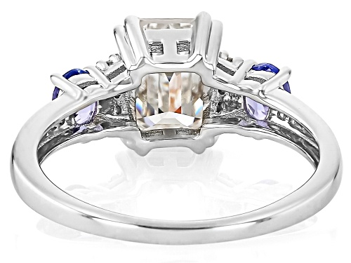 MOISSANITE FIRE® 1.81CTW DEW EMERALD CUT & ROUND WITH .34CTW OVAL TANZANITE PLATINEVE® RING - Size 10