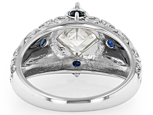MOISSANITE FIRE® 1.85CT DEW ASSCHER CUT WITH ROUND BLUE SAPPHIRE PLATINEVE® RING - Size 6