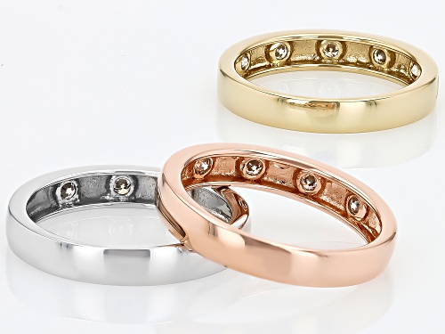 MOISSANITE FIRE® 0.90CTW DEW PLATINEVE® AND 14K YELLOW AND ROSE GOLD OVER SILVER SET OF 3 RINGS - Size 7