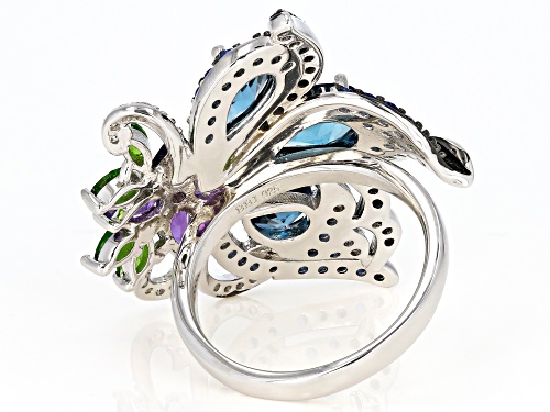 5.42ctw London Blue Topaz, Amethyst, Chrome, Lab Blue Spinel & White Zircon Rhodium Over Silver Ring - Size 6