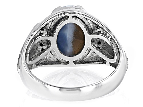 14x10mm Oval Bi Color Opal With 0.09ctw Black Spinel Rhodium Over Sterling Silver Men's Ring - Size 11