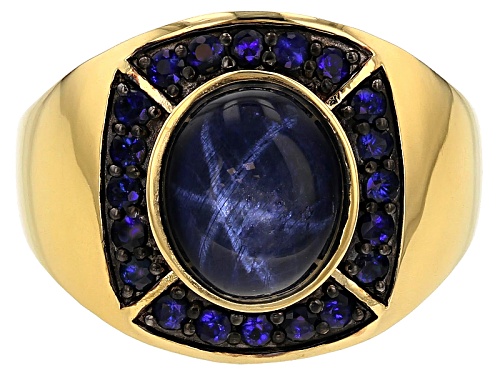6.00ct blue star sapphire and blue sapphire 18k yellow gold over sterling silver gent's ring - Size 10