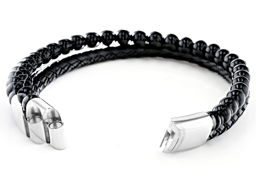 6mm Round Black Onyx Bead with Genuine Leather Stainless Steel Bracelet - Size 8.5