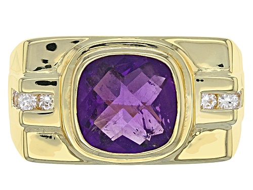 3.38CT AFRICAN AMETHYST WITH .42CTW WHITE ZIRCON 18K YELLOW GOLD OVER SILVER GENT'S RING - Size 12