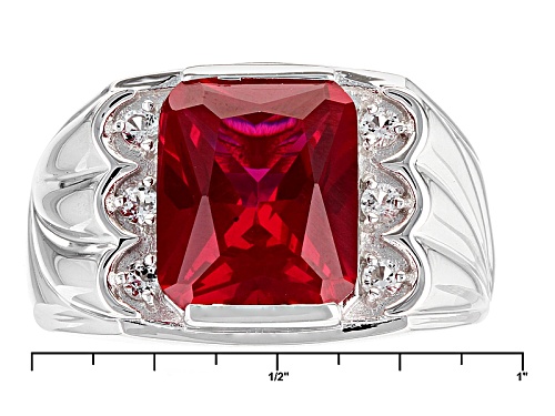 5.06ct Rectangular Octagonal Lab Ruby With .21ctw Lab White Sapphire Rhodium Over Silver Men's Ring - Size 10