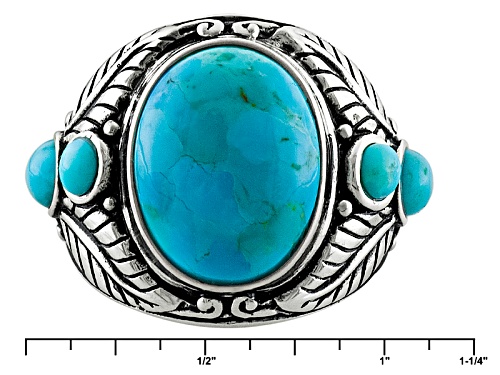 Oval And Round Cabochon Blue Turquoise Sterling Silver Mens Ring - Size 11