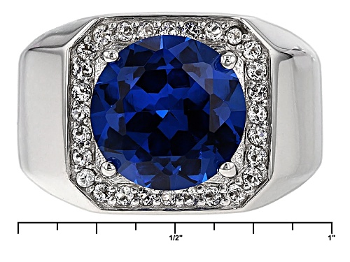 5.18ct Round Lab Created Blue Spinel And .45ctw Round White Topaz Rhodium Over Silver Men's Ring - Size 12