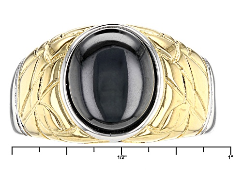 12x10mm Oval Cabochon Man Made Hematine Rhodium Over Silver Two-Tone Solitaire Men's Ring - Size 10