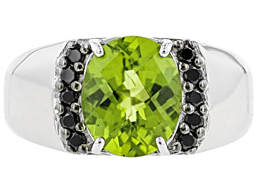 3.11CT OVAL CHECKERBOARD MANCHURIAN PERIDOT(TM) & BLACK SPINEL RHODIUM OVER SILVER MEN'S RING - Size 10