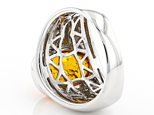 16x12mm Cabochon Amber With .03ctw  Champagne Diamond Accent Rhodium Over Silver Gents Ring - Size 12