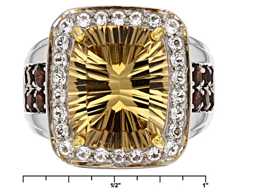 8.16ct Champagne Quartz With 2.14ctw Vermelho Garnet™ & White Topaz Rhodium Over Silver Gent's Ring - Size 10