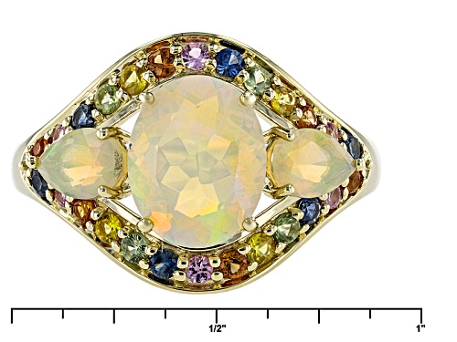 1.79ctw Oval And Pear Shape Ethiopian Opal With .63ctw Round Multi Sapphire 10k Yellow Gold Ring - Size 7