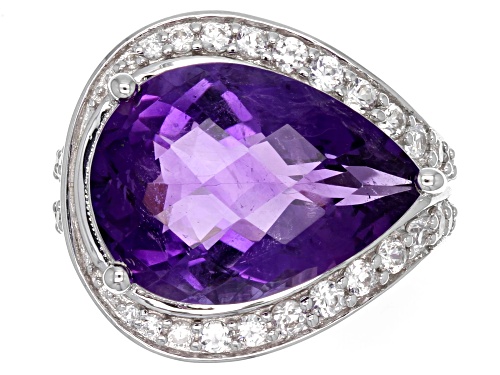9.77CT PEAR SHAPE CHECKERBOARD CUT AFRICAN AMETHYST WITH 1.37CTW WHITE ZIRCON STERLING SILVER RING - Size 6