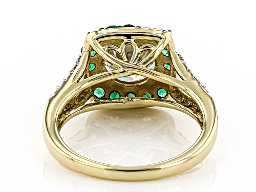 MOISSANITE FIRE(R) 2.10CTW DEW AND ZAMBIAN EMERALD 14K YELLOW GOLD OVER SILVER RING - Size 8