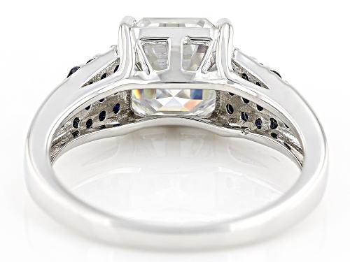 MOISSANITE FIRE(R) 2.96CT DEW ASSCHER CUT & ROUND BLUE SAPPHIRE PLATINEVE(R) RING - Size 7