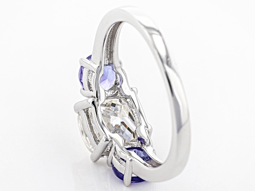 Moissanite Fire® 2.00ct Dew Cushion Cut And 1.04ctw Round Tanzanite Platineve™ Ring - Size 6