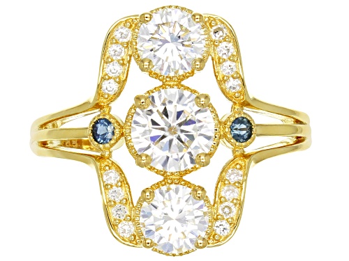 Moissanite Fire® 1.96ctw Dew And .10ctw  Blue Sapphire 14k Yellow Gold Over Silver Ring - Size 6