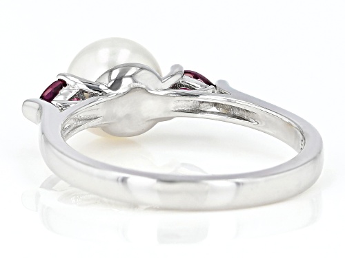 7.5-8mm White Cultured Freshwater Pearl With 0.46ctw Rhodolite Rhodium Over Sterling Silver Ring - Size 11