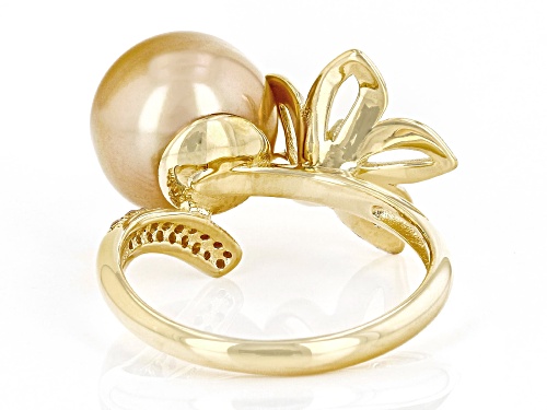 10mm Golden Cultured South Sea Pearl & White Zircon 18k Yellow Gold Over Sterling Silver Ring - Size 9