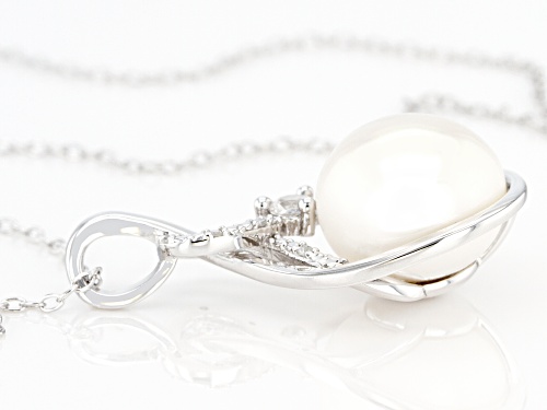 11-12mm Cultured Freshwater Pearl, Diamond Accent, Lab Created Sapphire Rhodium Over Silver Pendant