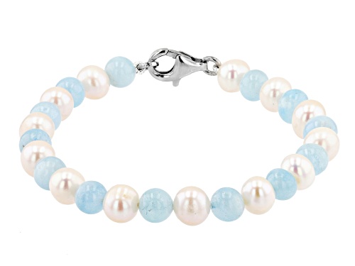 White Cultured Freshwater Pearl & Aquamarine Rhodium Over Silver Necklace, Bracelet, & Earrings Set