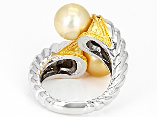 9-10mm Golden Cultured South Sea Pearl & White Topaz Rhodium & 14k Yellow Gold Over Silver Ring - Size 10