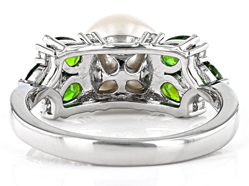 8mm White Cultured Freshwater Pearl Chrome Diopside & White Zircon Rhodium Over Silver Ring - Size 11