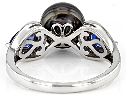 8-9mm Cultured Tahitian Pearl With Kyanite & White Zircon Rhodium Over Sterling Silver Ring - Size 12