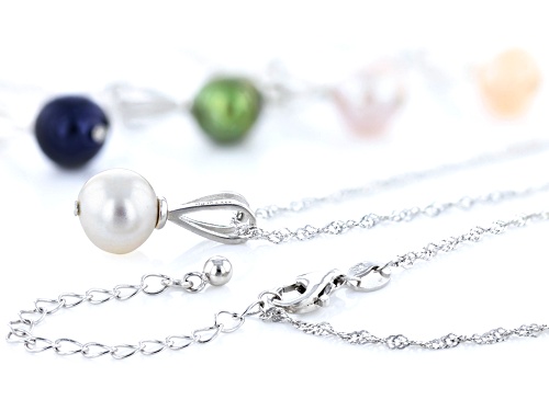 7mm Multi-Color Cultured Freshwater Pearl Rhodium Over Silver Pendant Set Of 5