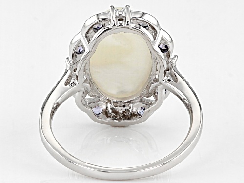 White Mother-Of-Pearl With Tanzanite & White Zircon Rhodium Over Sterling Silver Ring - Size 8
