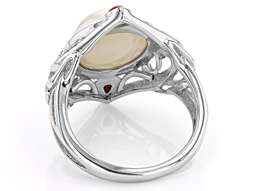 12-13mm White Cultured Mabe Pearl With Red Coral Rhodium Over Sterling Silver Ring - Size 7