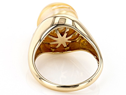 11mm Golden Cultured South Sea Pearl With White Zircon 14k Yellow Gold Ring - Size 9