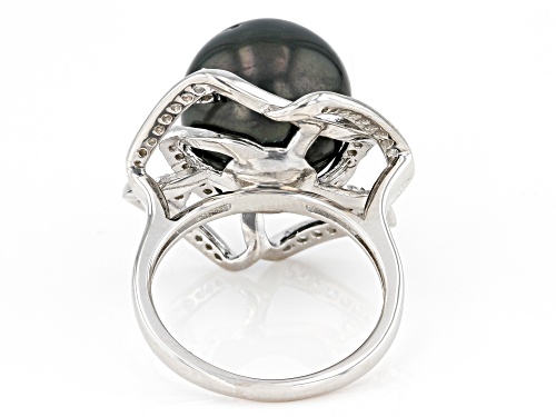 12-13mm Cultured Tahitian Pearl & White Zircon Rhodium Over Sterling Silver Ring - Size 11