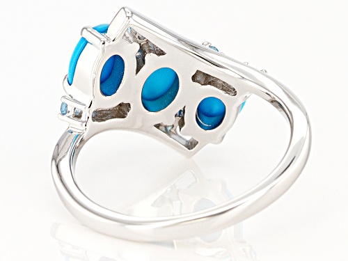8x6mm & 7x5mm Oval Sleeping Beauty Turquoise With .15ctw Swiss Blue Topaz Rhodium Over Silver Ring - Size 8