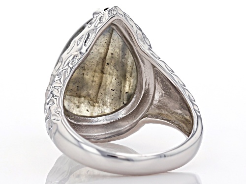18x13mm Pear Shape Cabochon Labradorite Rhodium Over Sterling Silver Solitaire Ring - Size 7