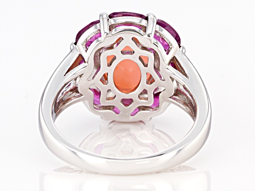 10X8mm Oval Pink Opal With 2.24ctw Raspberry Color Rhodolite Rhodium Over Silver Ring - Size 8
