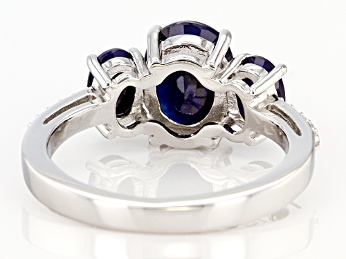 2.98ctw Oval Blue Sapphire With .12ctw Round White Zircon Rhodium Over Sterling Silver 3-Stone Ring - Size 9