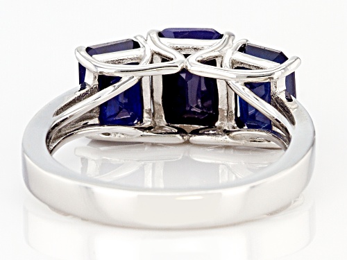 2.75ctw Emerald Cut Blue Sapphire & .09ctw White Zircon Rhodium Over Sterling Silver 3-Stone Ring - Size 7