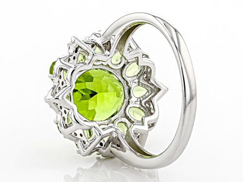 5.82ctw Oval and Pear Shape Manchurian Peridot™ with .43ctw White Zircon Rhodium Over Silver Ring - Size 8