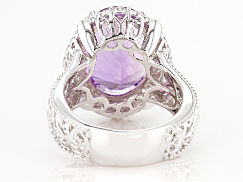 7.22ct Oval Quantum Cut® Rose de France Amethyst With .63ctw Zircon Rhodium Over Silver Ring - Size 8