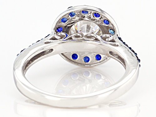 MOISSANITE FIRE(R) 1.20CTW DEW AND .99CTW BLUE SAPPHIRE 14K WHITE GOLD RING - Size 6