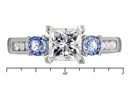 Moissanite Fire® 1.88ctw Dew And .66ctw Blue Sapphire Platineve Ring - Size 11