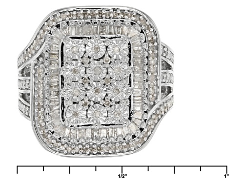 Monture Diamond™ .50ctw Round And Baguette White Diamond Rhodium Over Silver Cluster Ring - Size 6